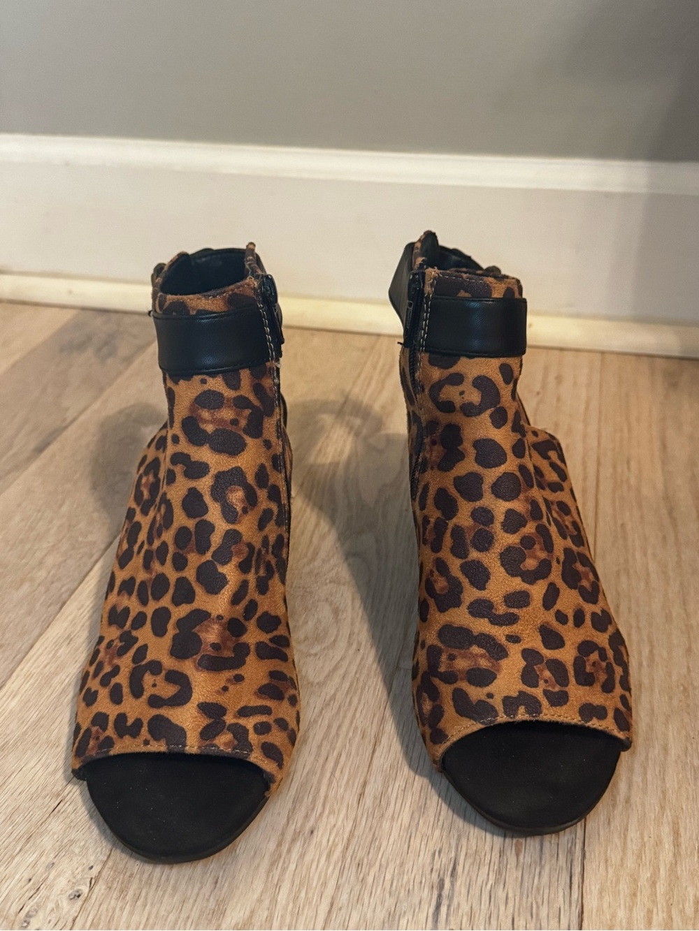 BareTraps Leopard Print Peep-Toe Ankle Booties in Brown and Black